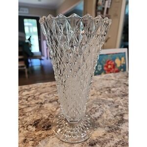 Vtg Indiana Glass Diamond Point Pattern  Pressed Glass Vase 8" USA GUC